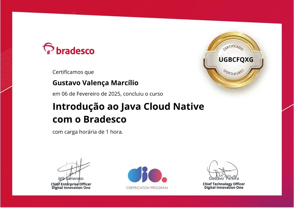 certificate of Introdução ao Java Cloud Native com o Bradesco