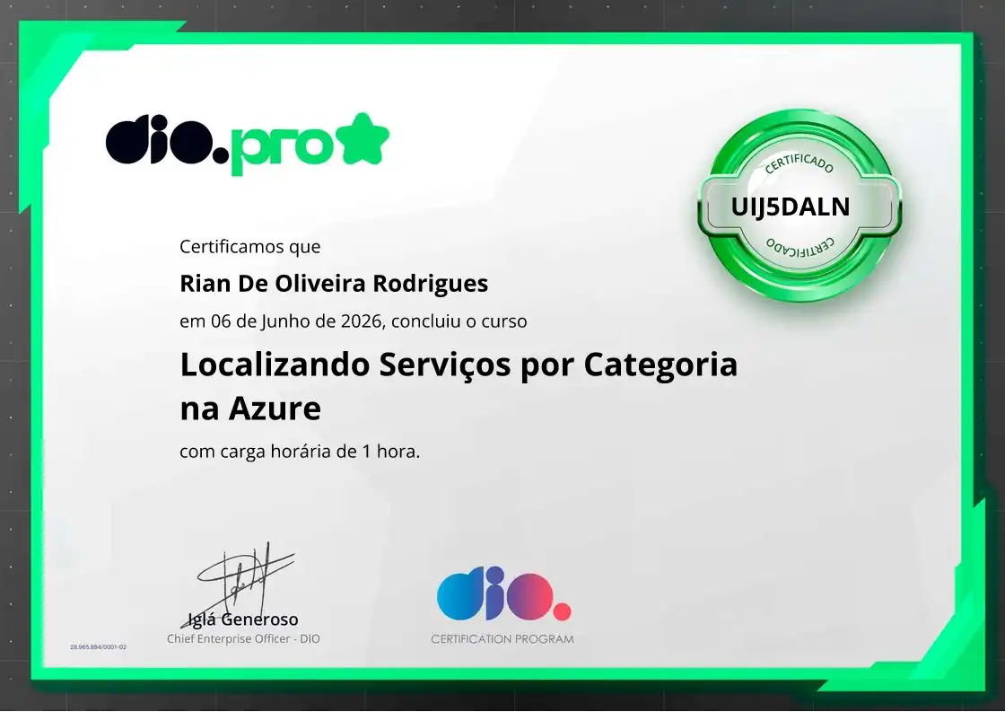 certificate of Localizando Serviços por Categoria na Azure