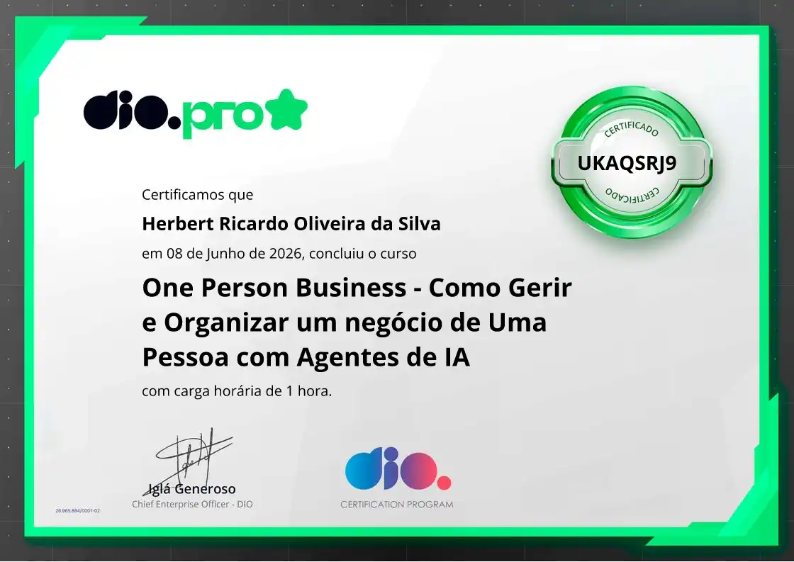 certificate of One Person Business - Como Gerir e Organizar um negócio de Uma Pessoa com Agentes de IA