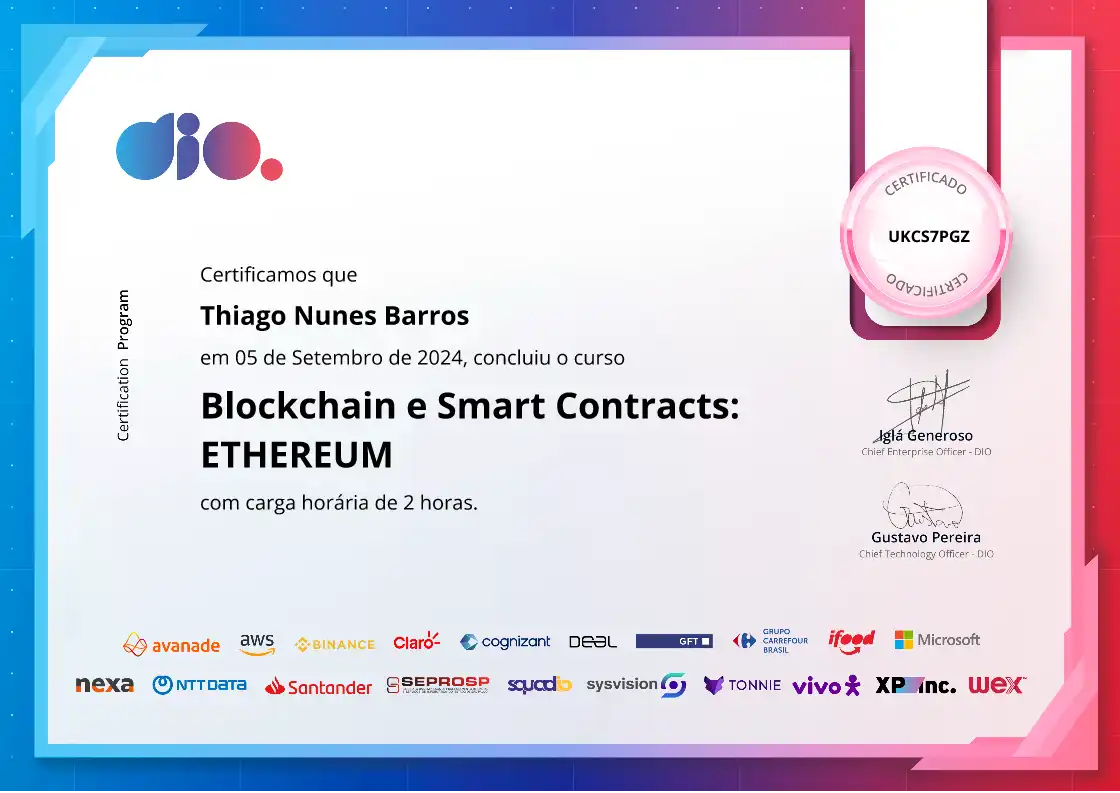 certificate of Blockchain e Smart Contracts: ETHEREUM
