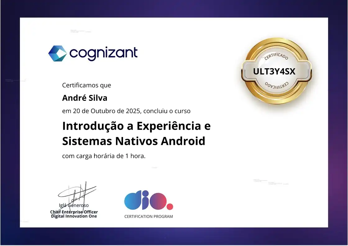certificate of Introdução a Experiência e Sistemas Nativos Android