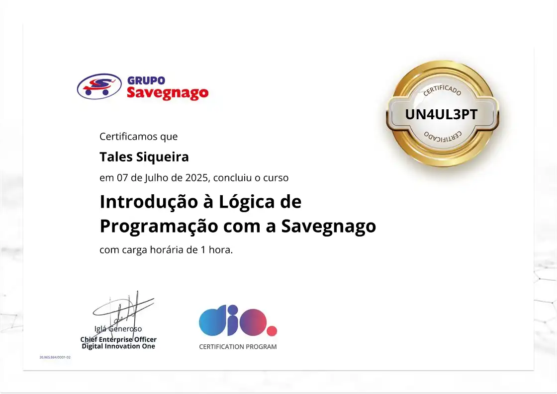 certificate of Introdução à Lógica de Programação com a Savegnago