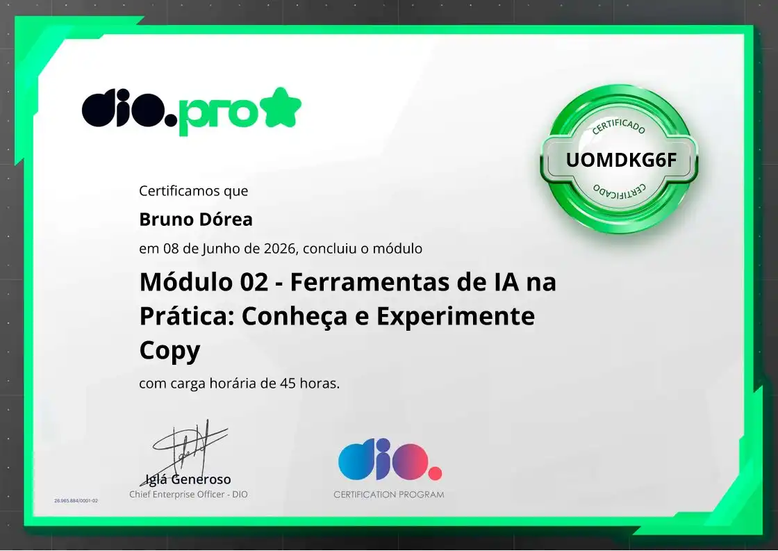 certificate of Módulo 02 - Ferramentas de IA na Prática: Conheça e Experimente Copy
