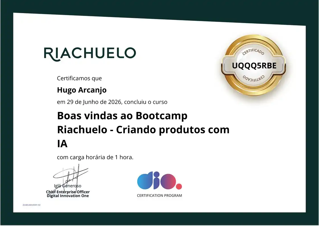 certificate of Boas vindas ao Bootcamp Riachuelo - Criando produtos com IA