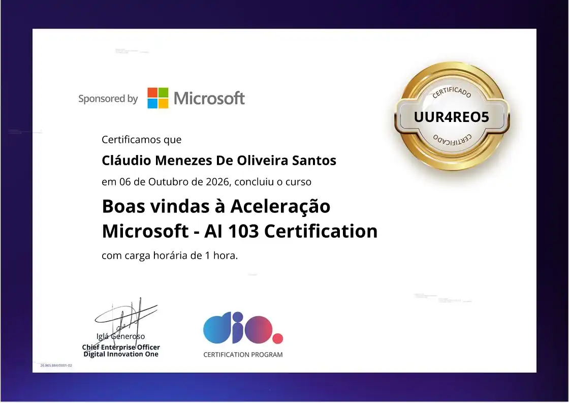 certificate of Boas vindas à Aceleração Microsoft - AI 103 Certification