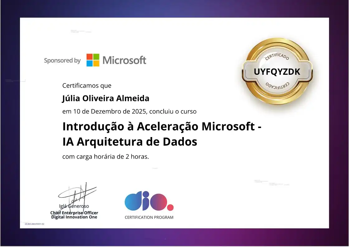 certificate of Introdução à Aceleração Microsoft - IA Arquitetura de Dados