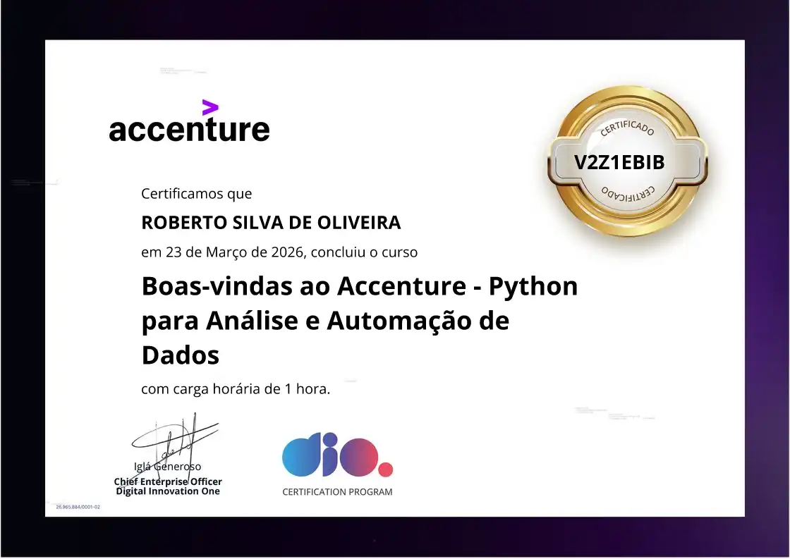 certificate of Boas-vindas ao Accenture - Python para Análise e Automação de Dados