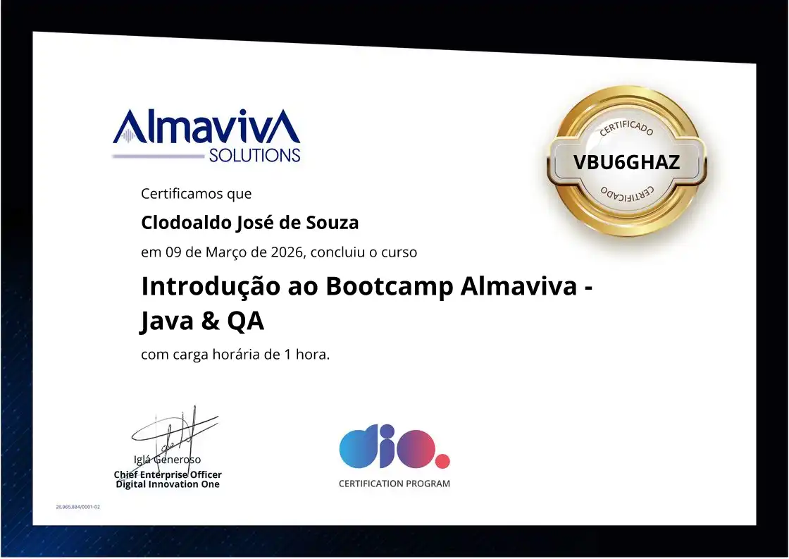certificate of Introdução ao Bootcamp Almaviva - Java & QA