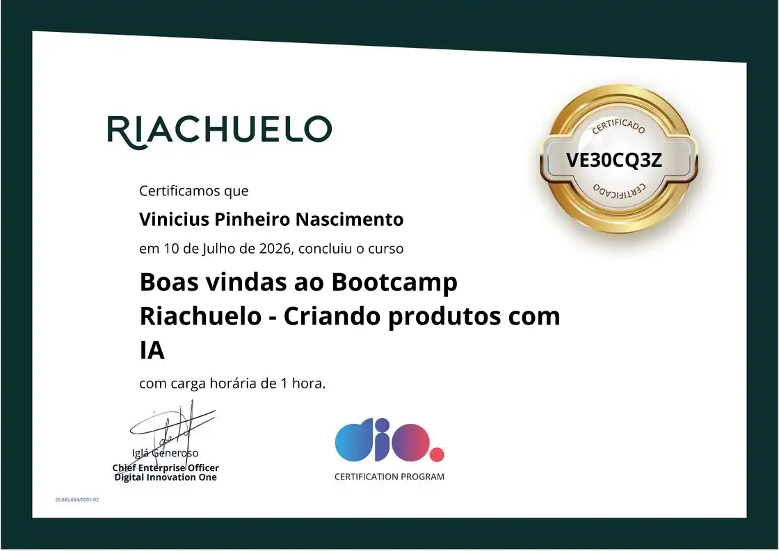 certificate of Boas vindas ao Bootcamp Riachuelo - Criando produtos com IA