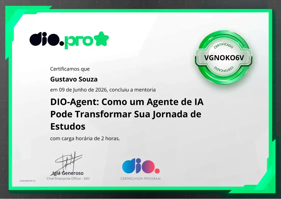 certificate of DIO-Agent: Como um Agente de IA Pode Transformar Sua Jornada de Estudos