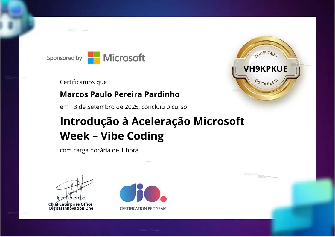 certificate of Introdução à Aceleração Microsoft Week – Vibe Coding