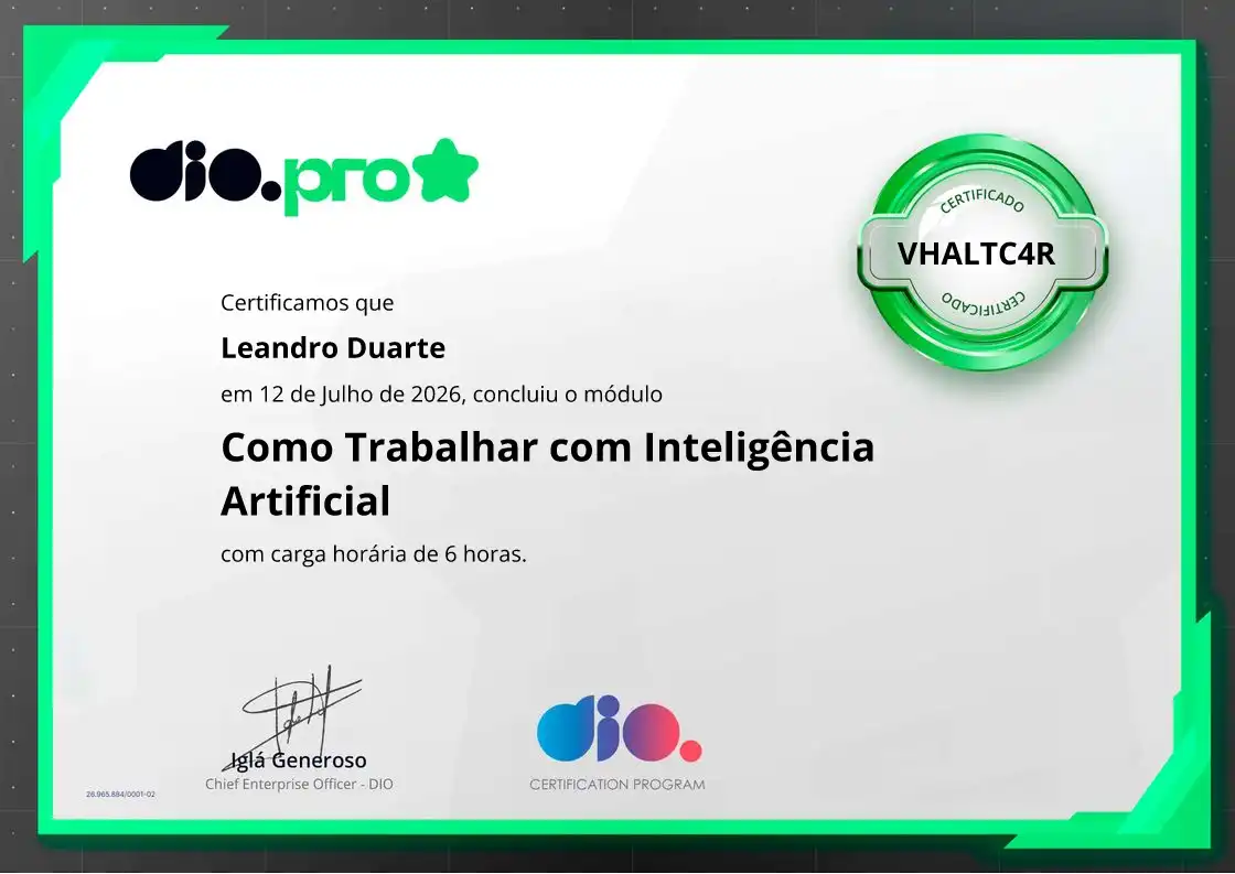 certificate of Como Trabalhar com Inteligência Artificial