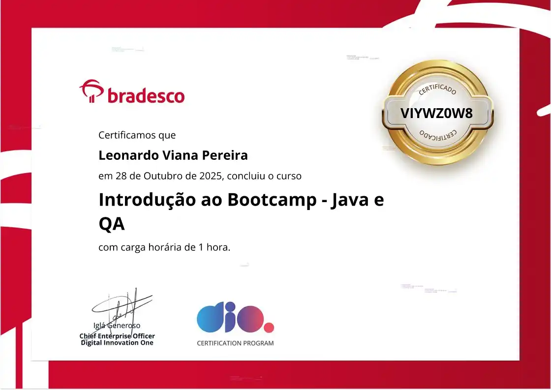 certificate of Introdução ao Bootcamp - Java e QA