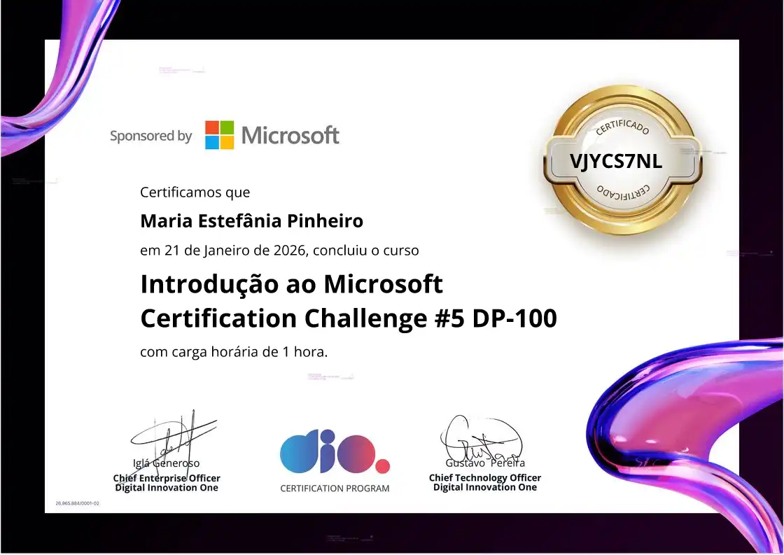 certificate of Introdução ao Microsoft Certification Challenge #5 DP-100