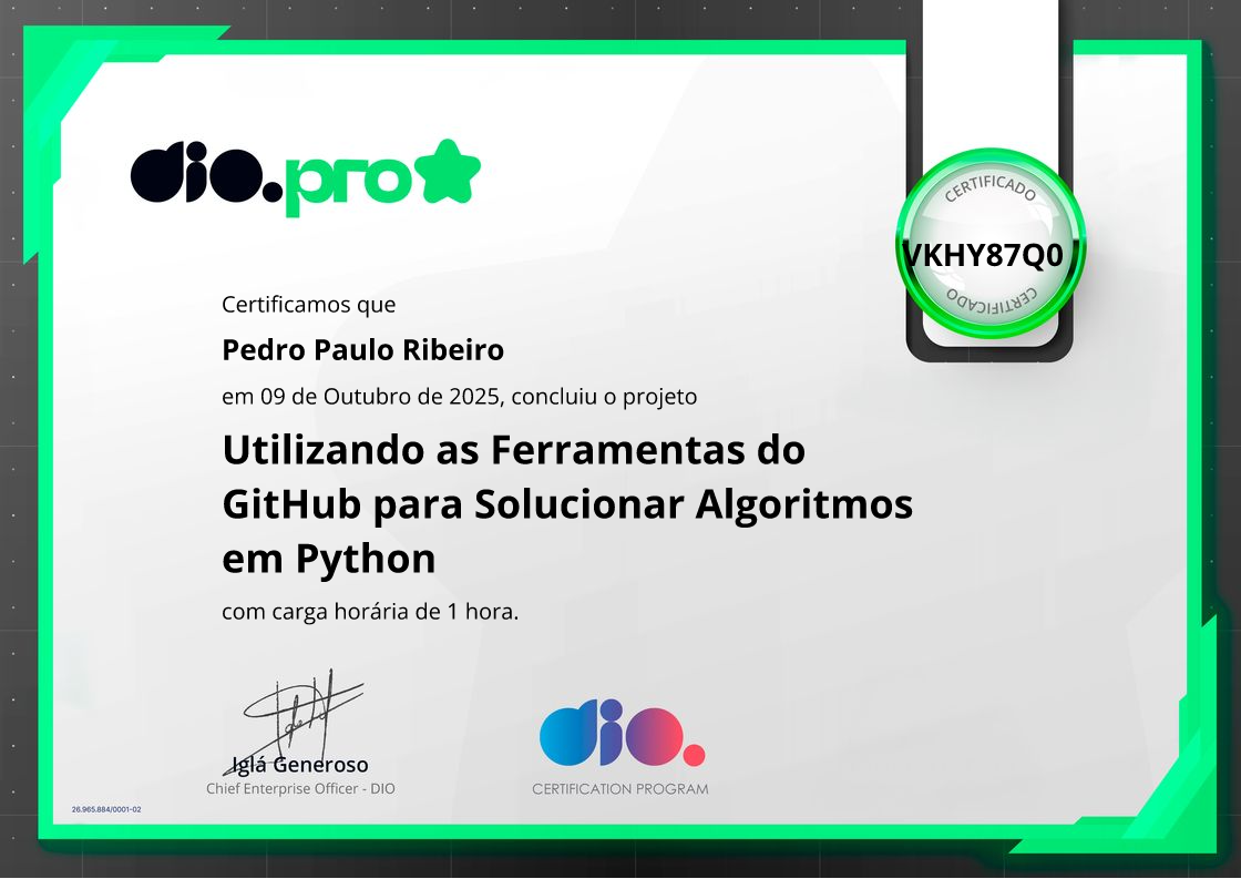 certificate of Utilizando as Ferramentas do GitHub para Solucionar Algoritmos em Python