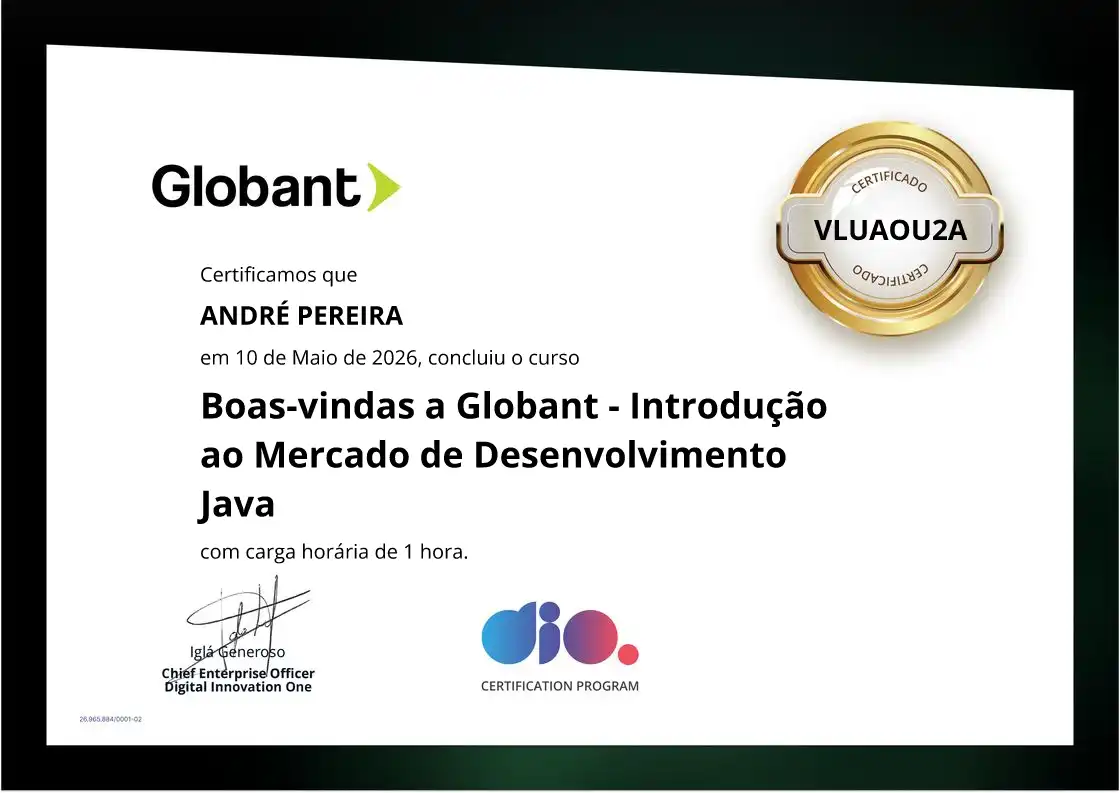 certificate of Boas-vindas a Globant - Introdução ao Mercado de Desenvolvimento Java