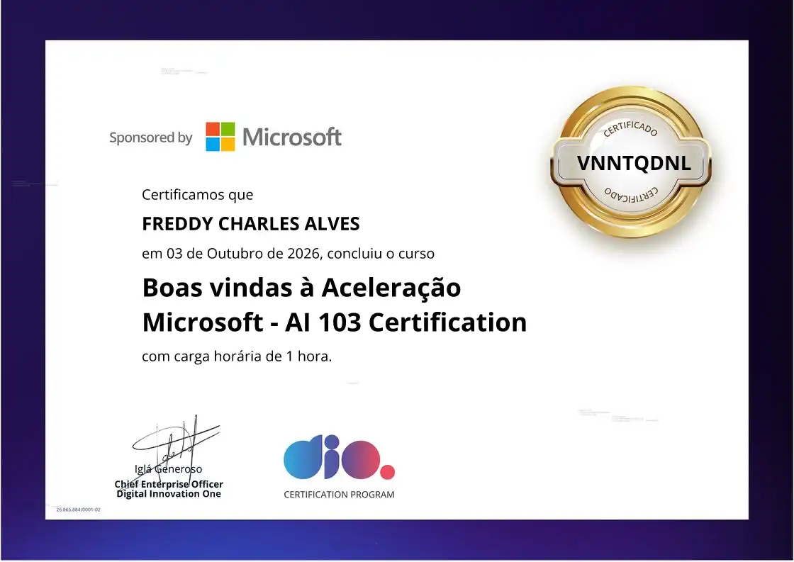 certificate of Boas vindas à Aceleração Microsoft  - AI 103 Certification