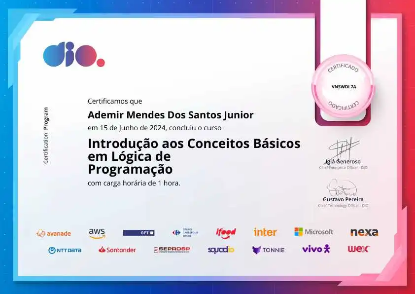 certificate of Introdução aos Conceitos Básicos em Lógica de Programação