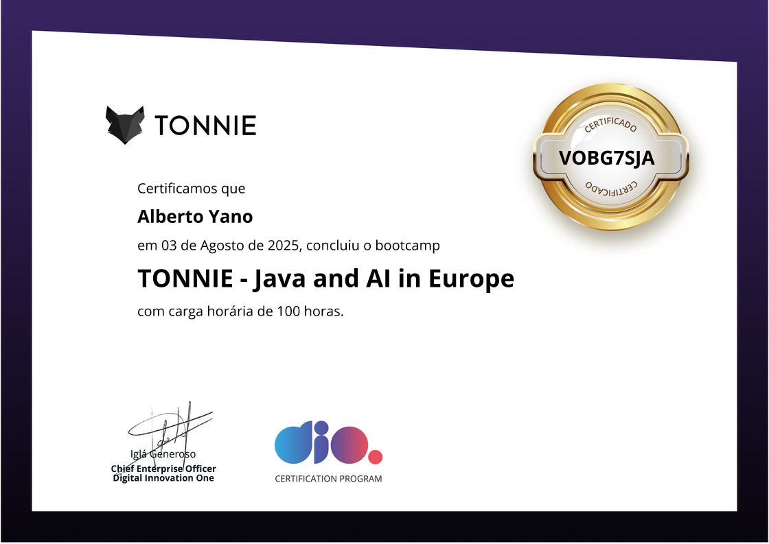 certificate of TONNIE - Java and AI in Europe