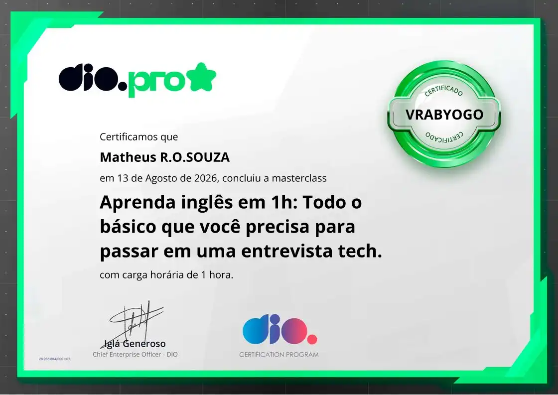 certificate of Aprenda inglês em 1h: Todo o básico que você precisa para passar em uma entrevista tech.