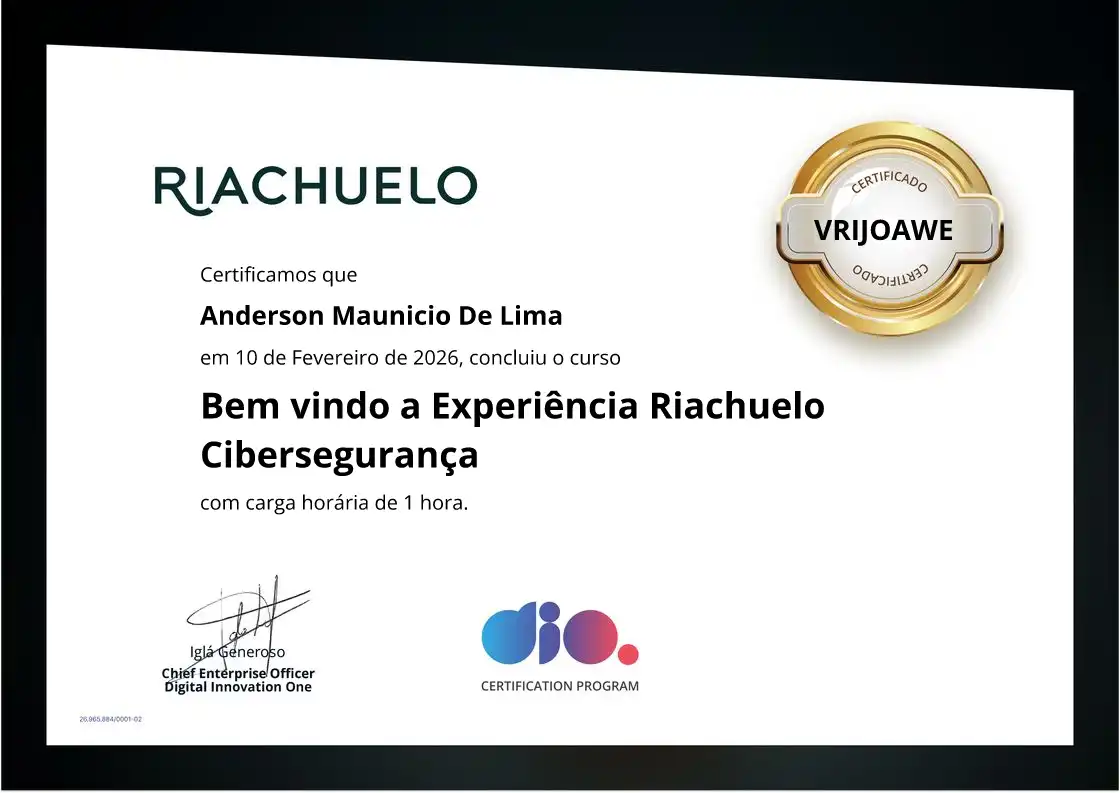 certificate of Bem vindo a Experiência Riachuelo Cibersegurança
