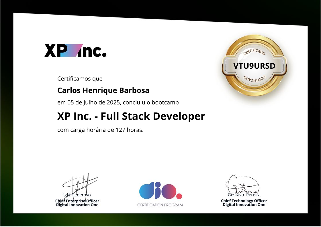 certificate of XP Inc. - Full Stack Developer