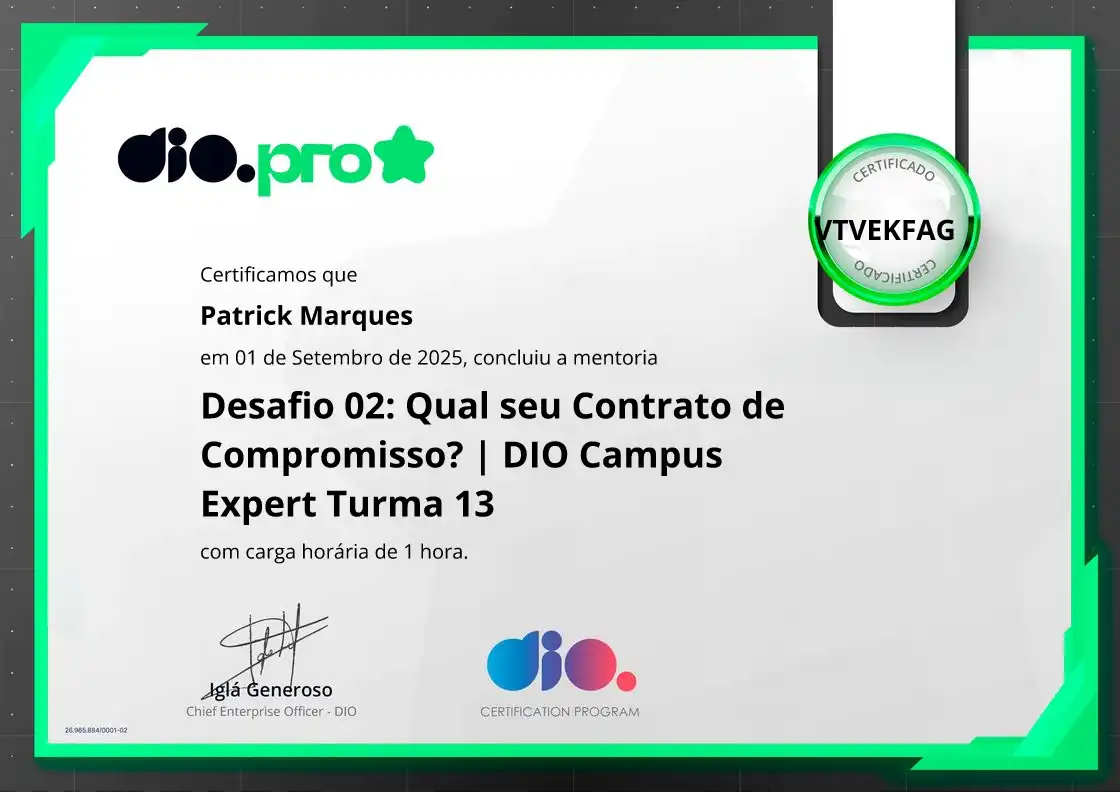 certificate of Desafio 02: Qual seu Contrato de Compromisso? | DIO Campus Expert Turma 13
