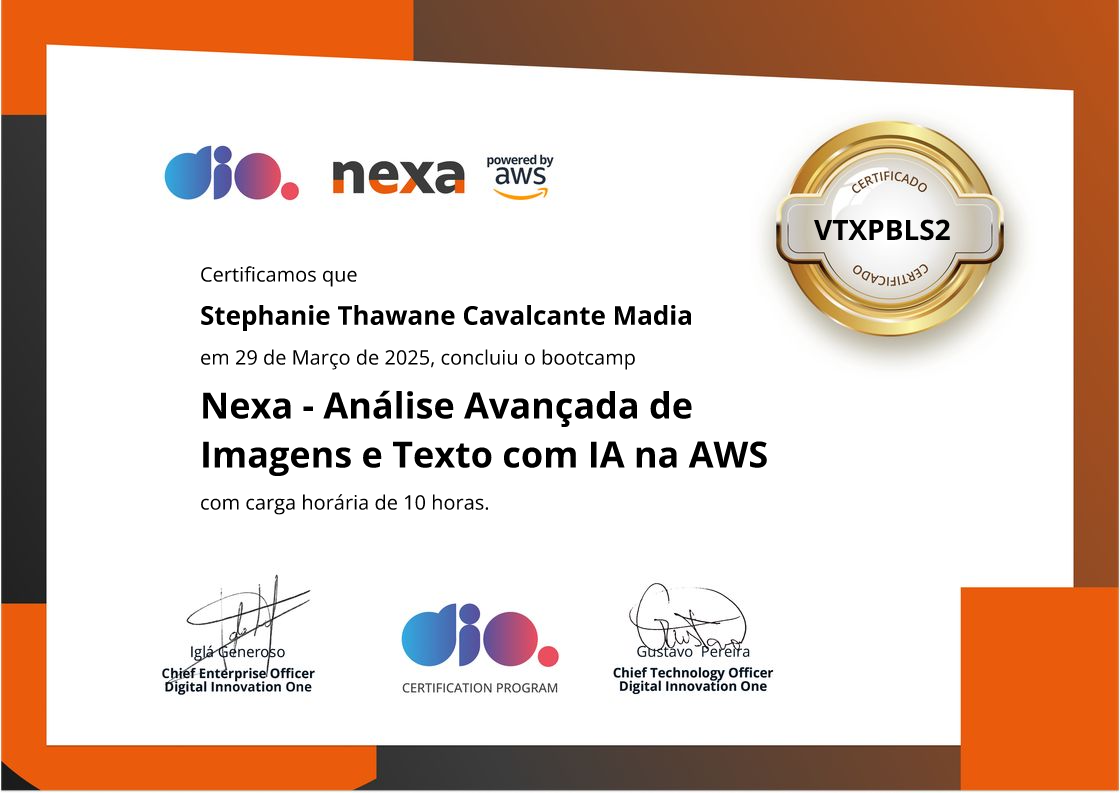 certificate of Nexa - Análise Avançada de Imagens e Texto com IA na AWS