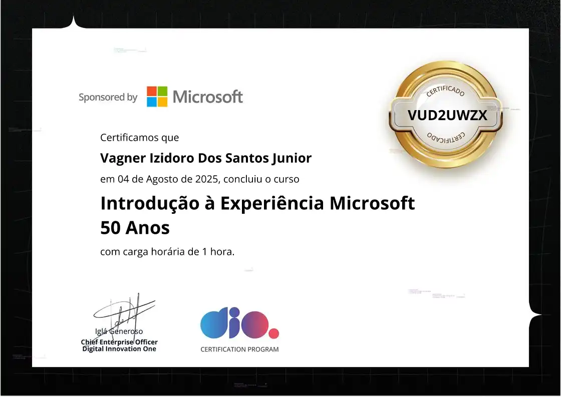 certificate of Introdução à Experiência Microsoft 50 Anos