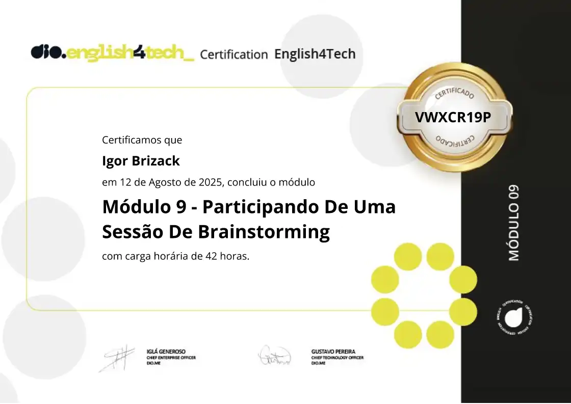certificate of Módulo 9 - Participando De Uma Sessão De Brainstorming