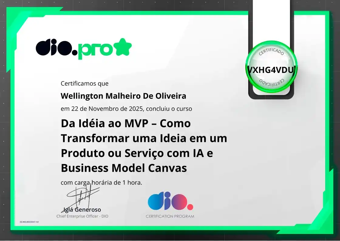 certificate of Da Idéia ao MVP – Como Transformar uma Ideia em um Produto ou Serviço com IA e Business Model Canvas