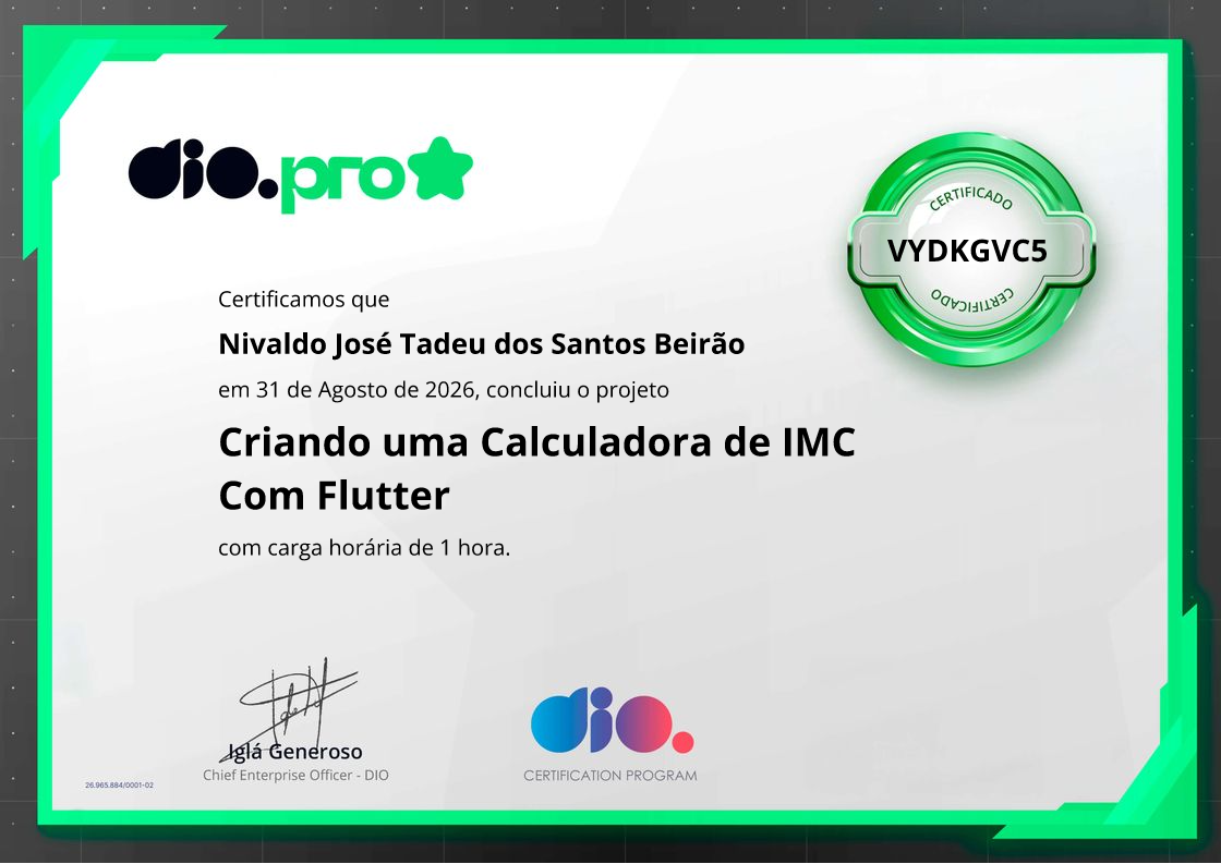 certificate of Criando uma Calculadora de IMC Com Flutter