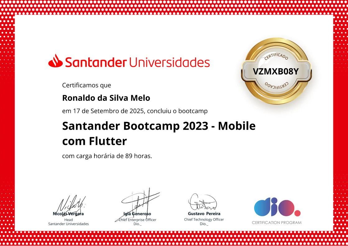 certificate of Santander Bootcamp 2023 - Mobile com Flutter