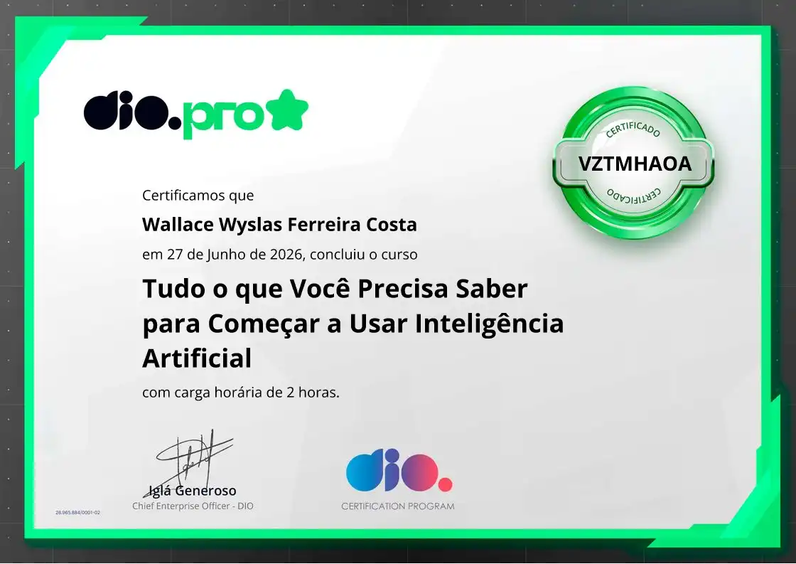 certificate of Tudo o que Você Precisa Saber para Começar a Usar Inteligência Artificial