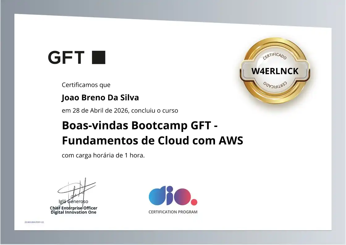 certificate of Boas-vindas Bootcamp GFT - Fundamentos de Cloud com AWS