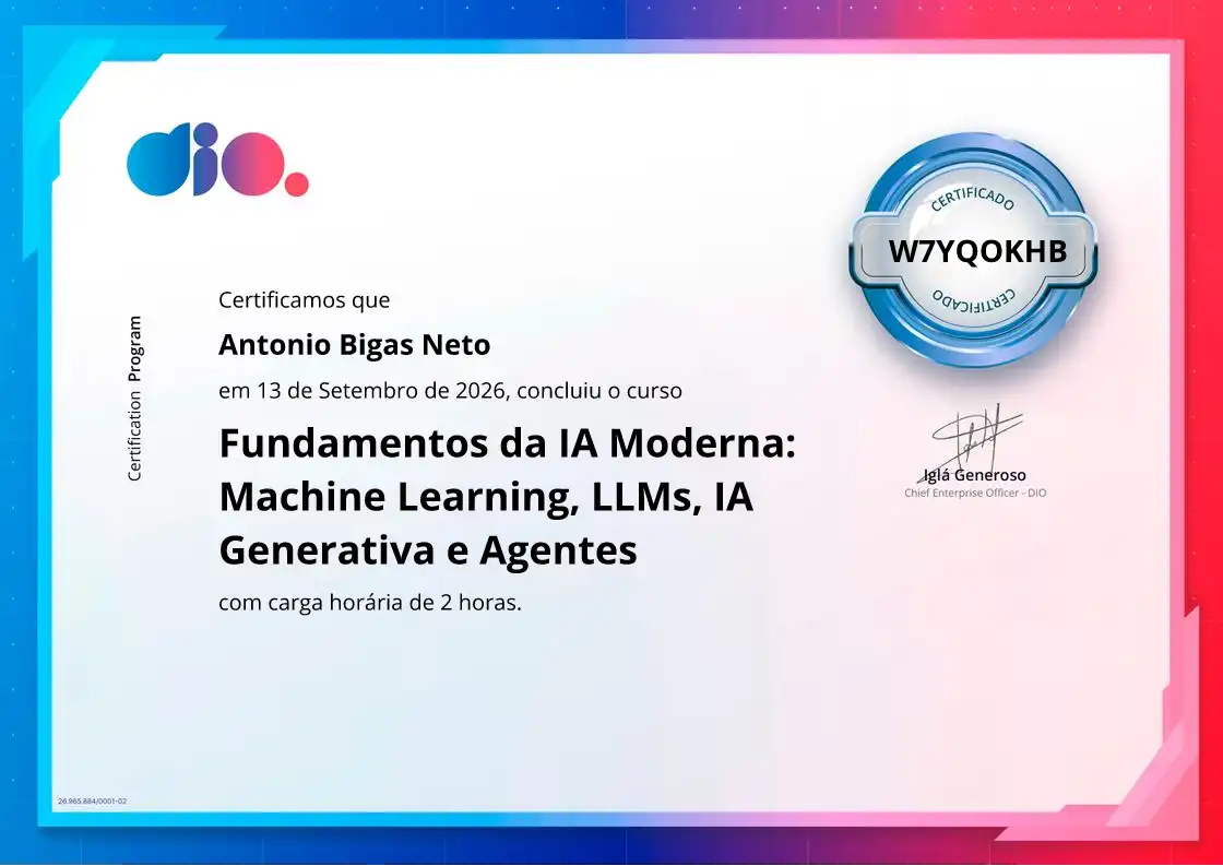 certificate of Fundamentos da IA Moderna: Machine Learning, LLMs, IA Generativa e Agentes