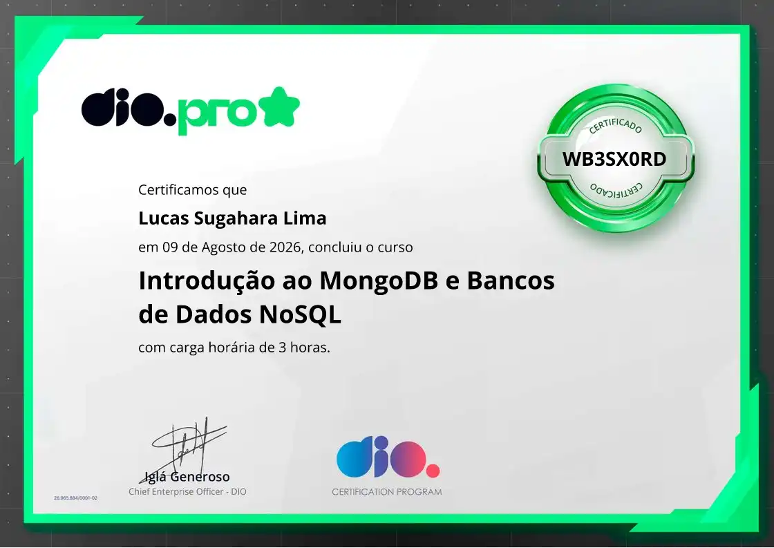 certificate of Introdução ao MongoDB e Bancos de Dados NoSQL