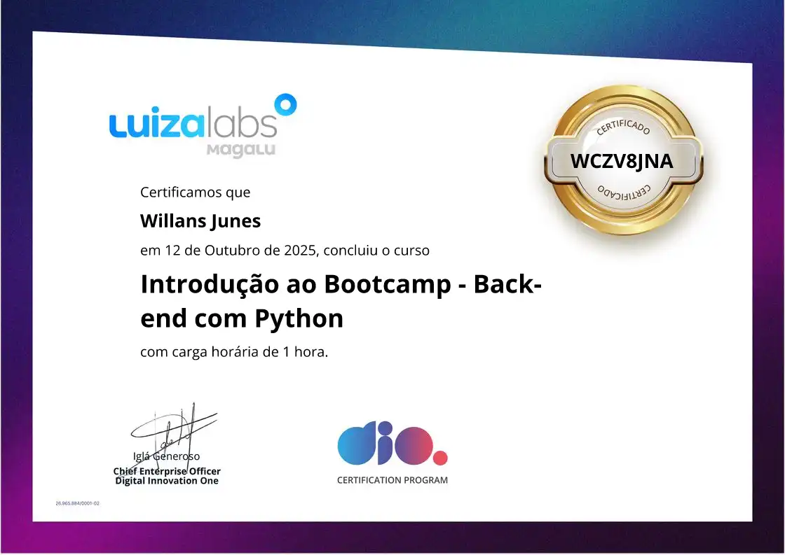 certificate of Introdução ao Bootcamp - Back-end com Python
