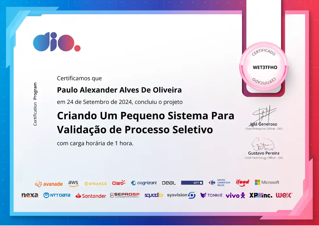 certificate of Criando Um Pequeno Sistema Para Validação de Processo Seletivo