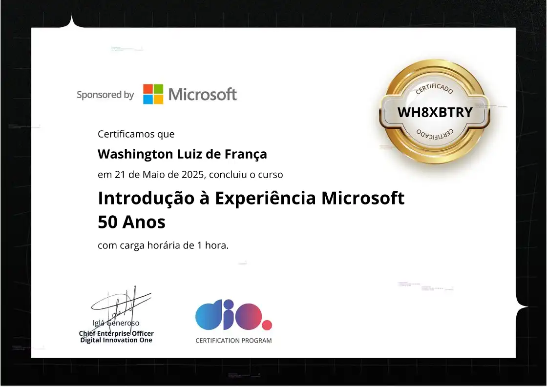 certificate of Introdução à Experiência Microsoft 50 Anos