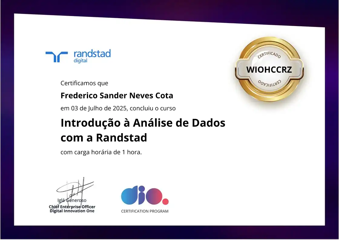 certificate of Introdução à Análise de Dados com a Randstad