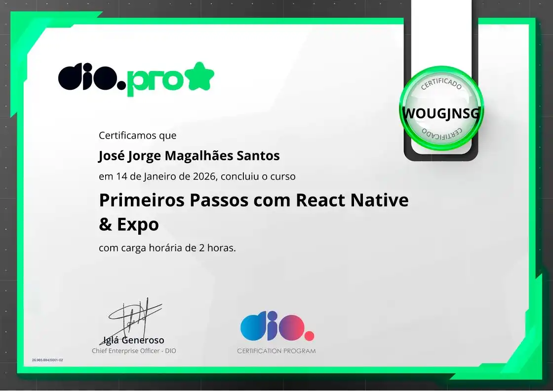certificate of Primeiros Passos com React Native & Expo