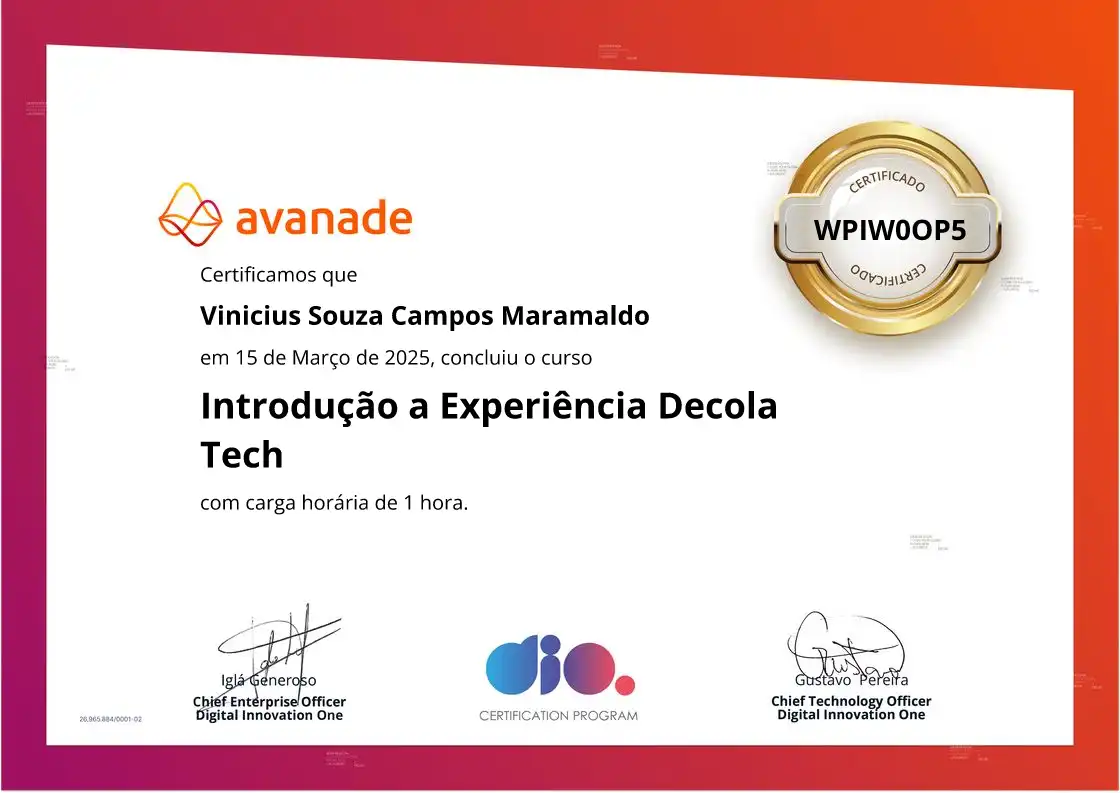 certificate of Introdução a Experiência Decola Tech