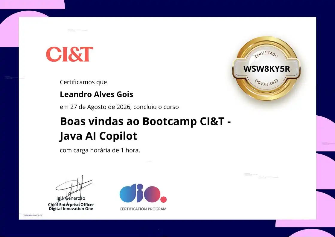 certificate of Boas vindas ao Bootcamp CI&T - Java AI Copilot