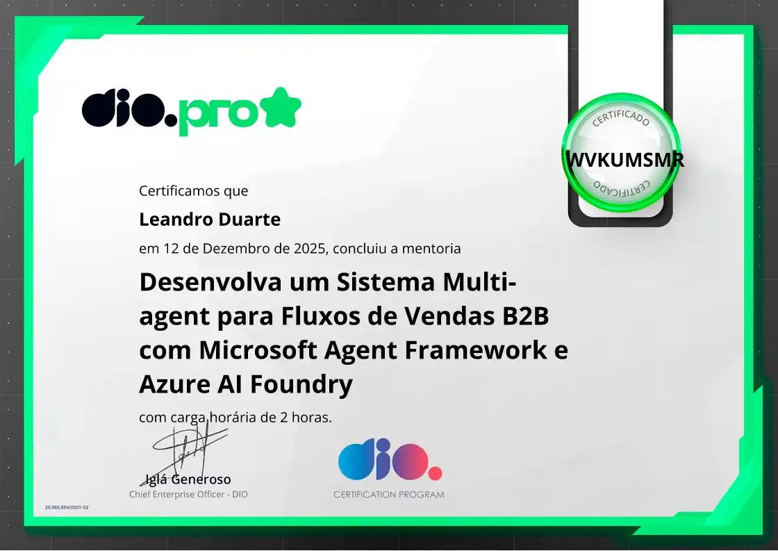 certificate of Desenvolva um Sistema Multi-agent para Fluxos de Vendas B2B com Microsoft Agent Framework e Azure AI Foundry