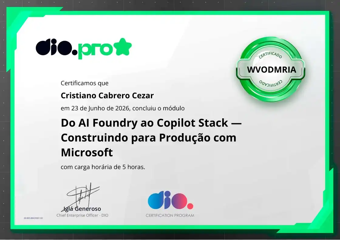certificate of Do AI Foundry ao Copilot Stack — Construindo para Produção com Microsoft
