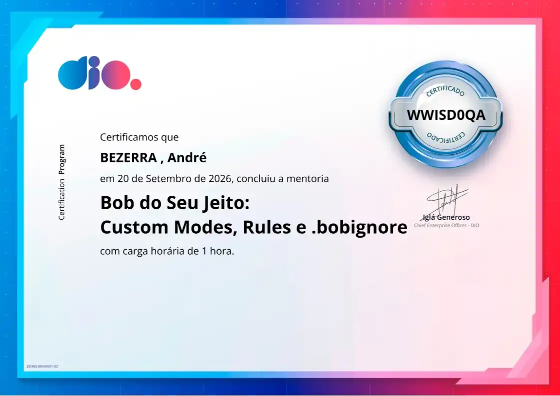 certificate of Bob do Seu Jeito: Custom Modes, Rules e .bobignore