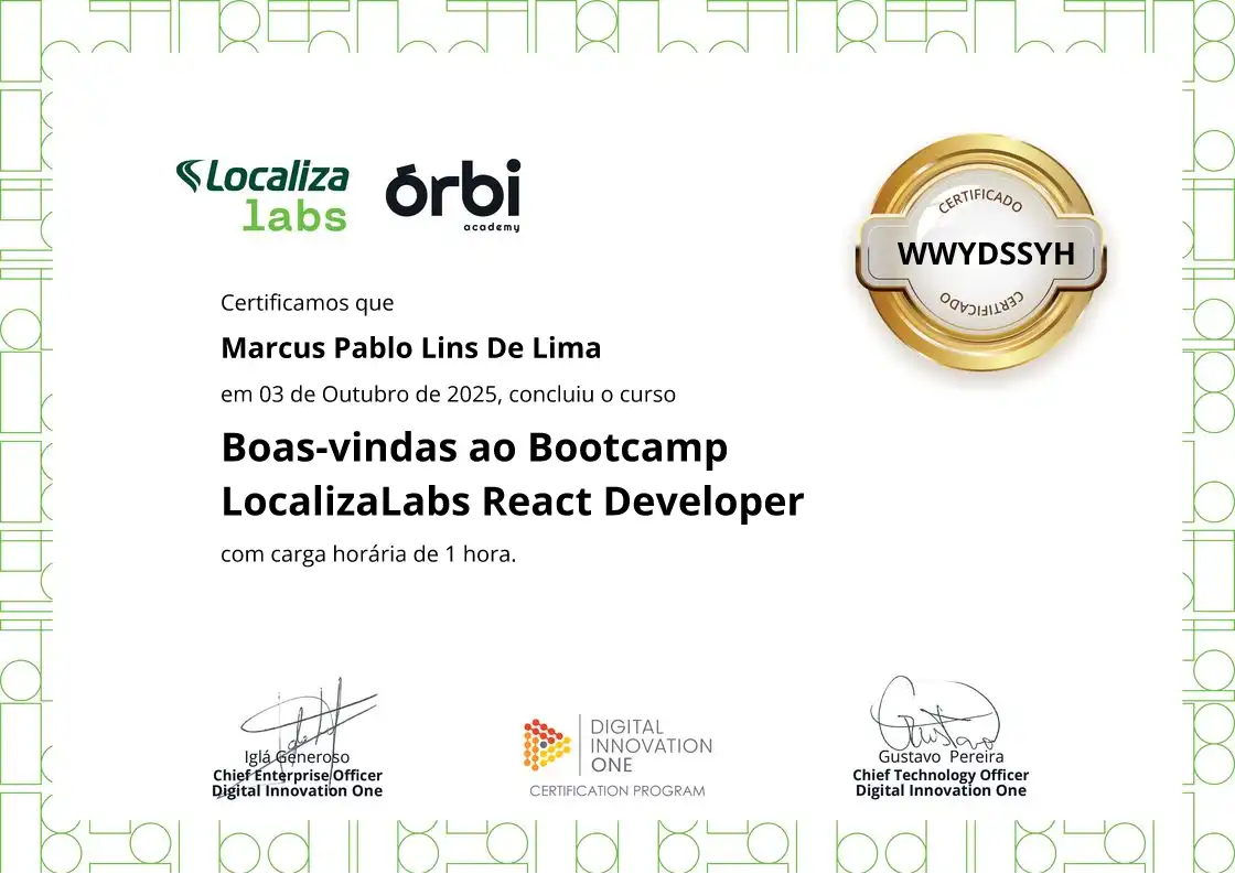 certificate of Boas-vindas ao Bootcamp LocalizaLabs React Developer