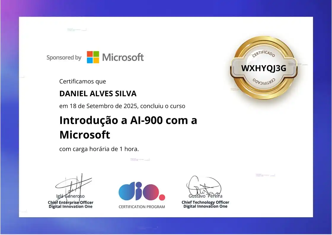 certificate of Introdução a AI-900 com a Microsoft