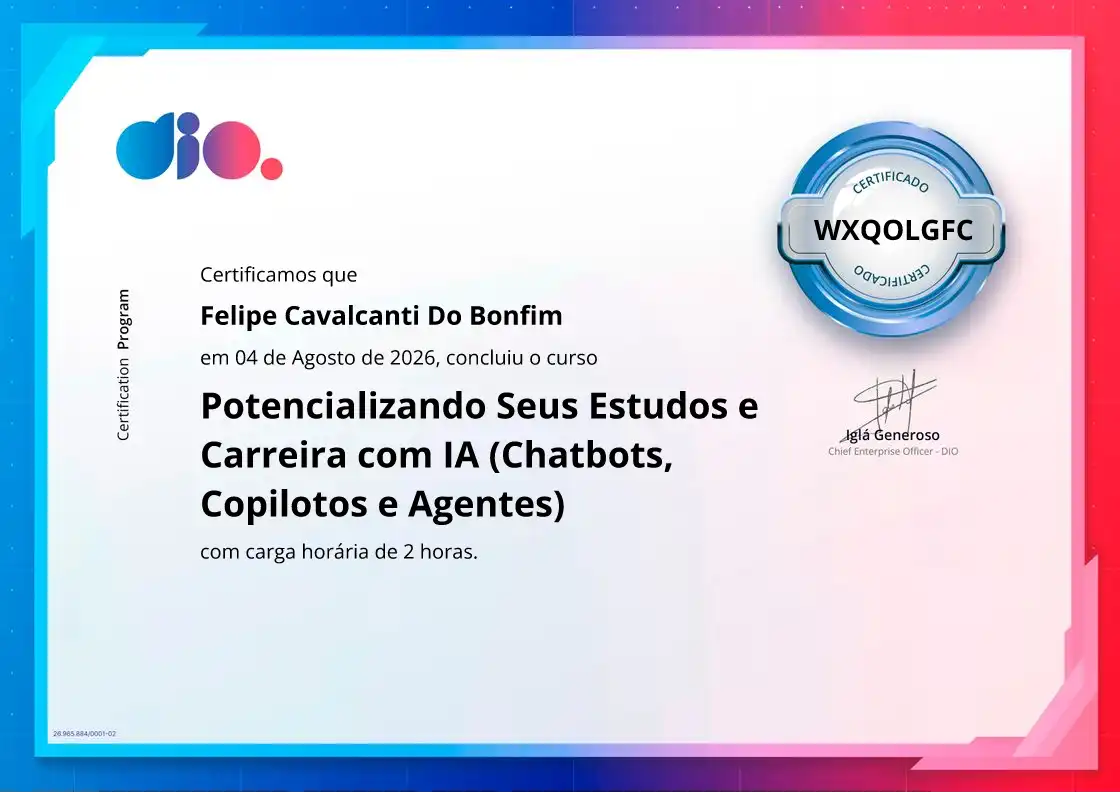 certificate of Potencializando Seus Estudos e Carreira com IA (Chatbots, Copilotos e Agentes)